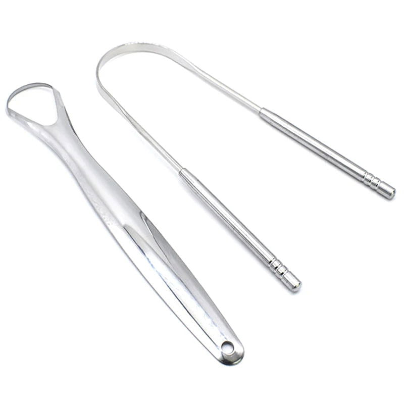 2 Pcs Stainless Steel Tongue Scraper Silver Metal Cleaner Eco-friendly Oral Care Fresh Tool Reusable Breath Brush - Slobuy