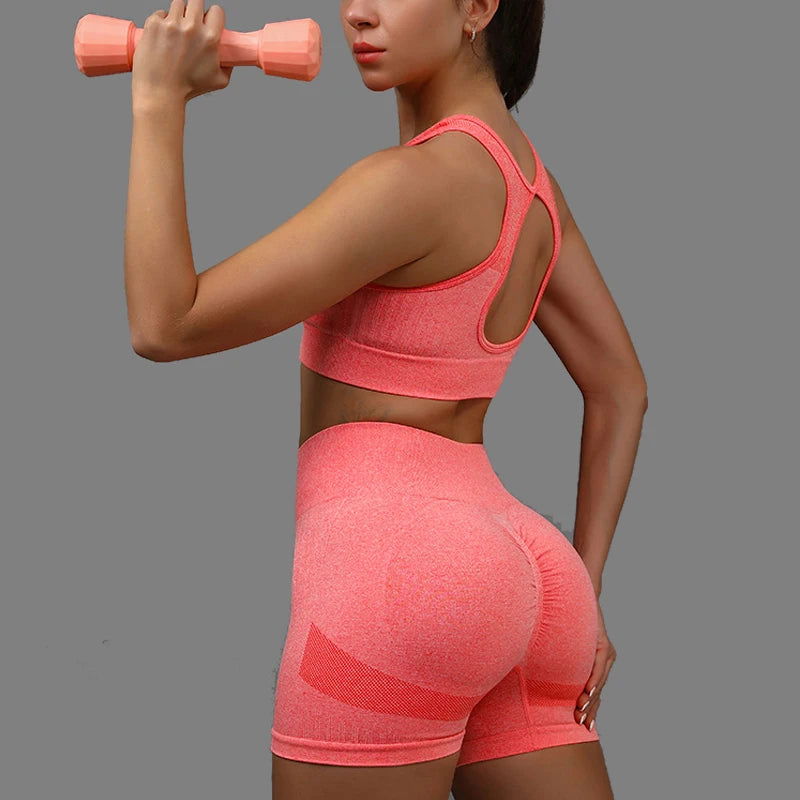 2 Pcs Yoga Set Women Hollow Back Sports Bra+Hip Lifting Sports Shorts Workout Set Seamless Fitness Gym Set Sportswear Tracksuit - Slobuy