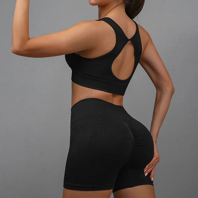 2 Pcs Yoga Set Women Hollow Back Sports Bra+Hip Lifting Sports Shorts Workout Set Seamless Fitness Gym Set Sportswear Tracksuit - Slobuy