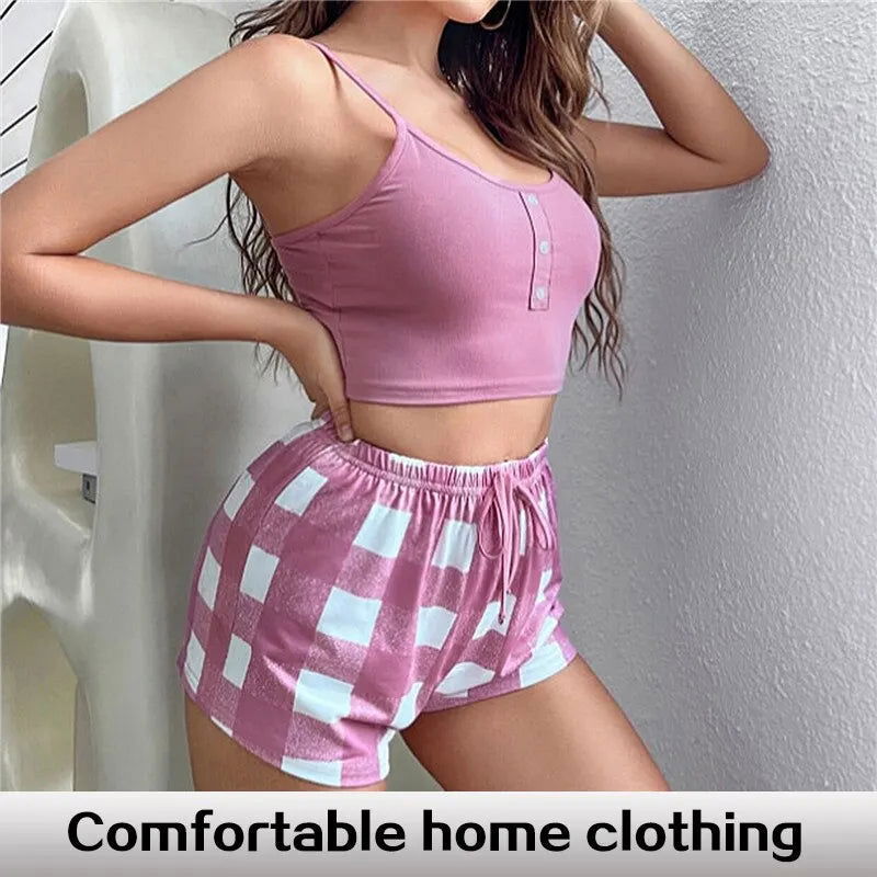 2 Pieces Print Sleepwear Silk Satin Sleeveless Nightwear Pyjamas Fashion Sexy Pajama Women Shorts Pajamas Set - Slobuy