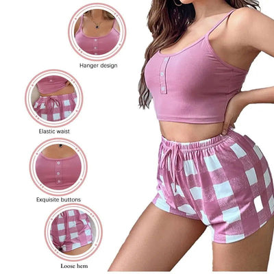 2 Pieces Print Sleepwear Silk Satin Sleeveless Nightwear Pyjamas Fashion Sexy Pajama Women Shorts Pajamas Set - Slobuy
