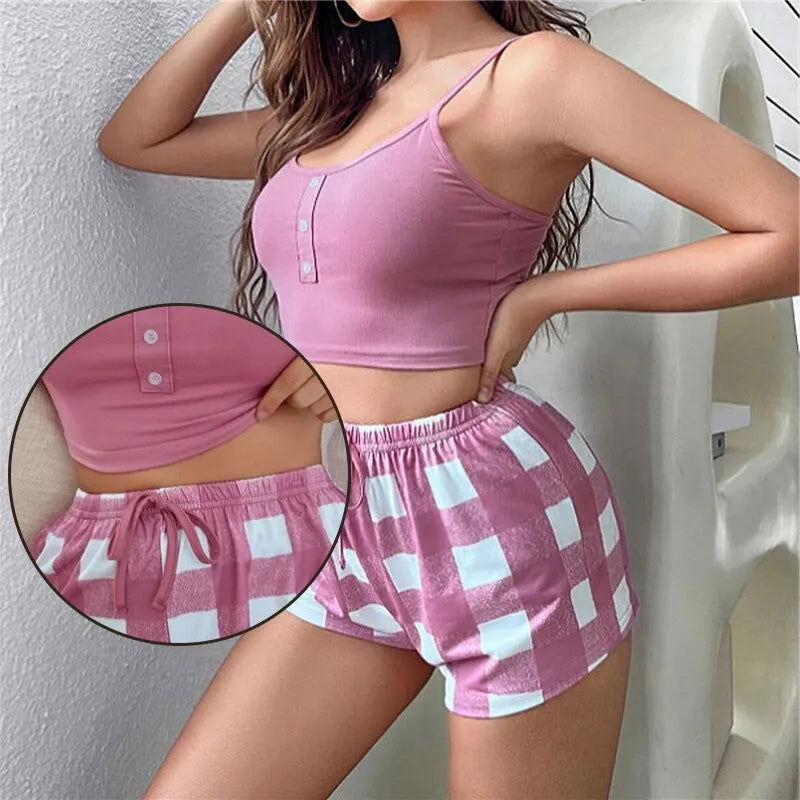2 Pieces Print Sleepwear Silk Satin Sleeveless Nightwear Pyjamas Fashion Sexy Pajama Women Shorts Pajamas Set - Slobuy
