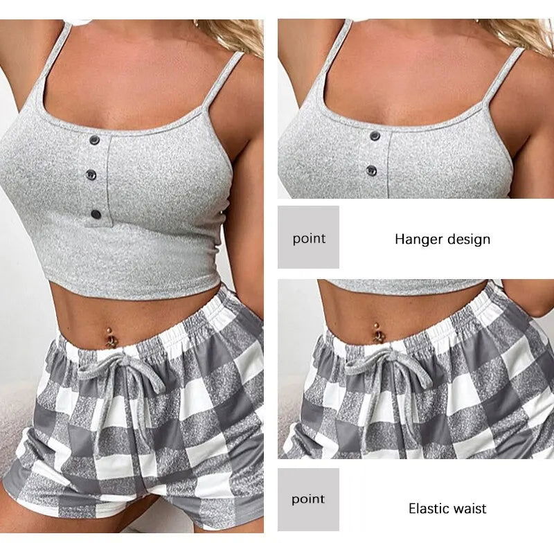 2 Pieces Print Sleepwear Silk Satin Sleeveless Nightwear Pyjamas Fashion Sexy Pajama Women Shorts Pajamas Set - Slobuy