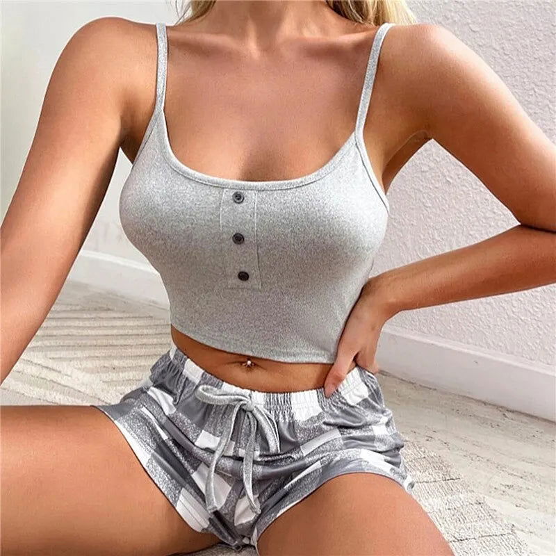 2 Pieces Print Sleepwear Silk Satin Sleeveless Nightwear Pyjamas Fashion Sexy Pajama Women Shorts Pajamas Set - Slobuy