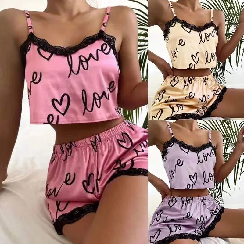 2 Pieces Set Women'S Pajama Shorts Suit Homewear Print Underwear Pijama Sexy Lingerie Camisoles Tanks Nighty Ladies Sleepwear - Slobuy