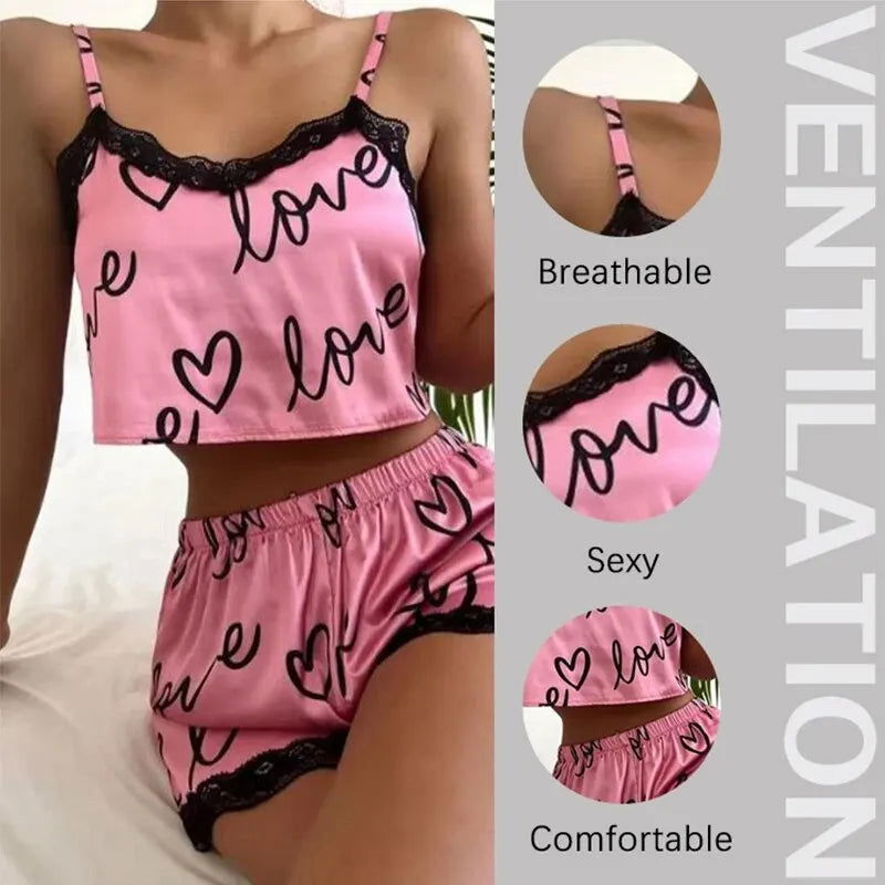 2 Pieces Set Women'S Pajama Shorts Suit Homewear Print Underwear Pijama Sexy Lingerie Camisoles Tanks Nighty Ladies Sleepwear - Slobuy
