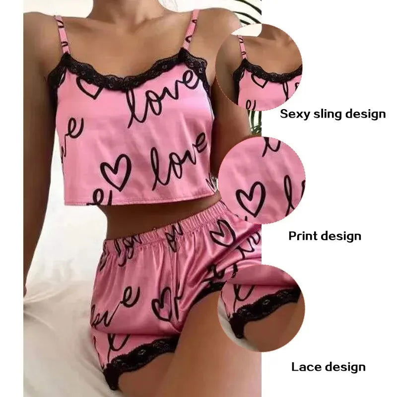 2 Pieces Set Women'S Pajama Shorts Suit Homewear Print Underwear Pijama Sexy Lingerie Camisoles Tanks Nighty Ladies Sleepwear - Slobuy