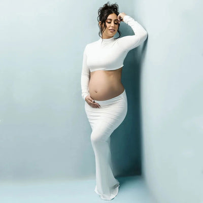 2 in 1 Maternity Dresses For Photo Shoot Sexy Long Sleeve Tops Clothing Elastic Fabric Slim Fit Two Piece Set For Pregnant Women - Slobuy