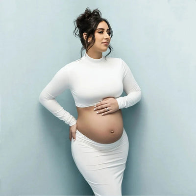 2 in 1 Maternity Dresses For Photo Shoot Sexy Long Sleeve Tops Clothing Elastic Fabric Slim Fit Two Piece Set For Pregnant Women - Slobuy