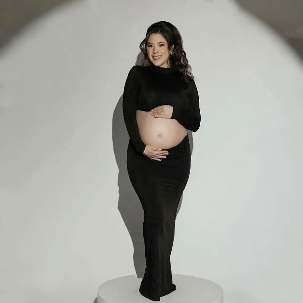 2 in 1 Maternity Dresses For Photo Shoot Sexy Long Sleeve Tops Clothing Elastic Fabric Slim Fit Two Piece Set For Pregnant Women - Slobuy
