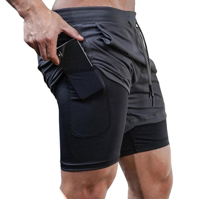 2 in 1 Mens Running Shorts with Liner, Tower Holder, 4 Pockets, Actvewear 2 Layers Sport Short for Workout Gym - Slobuy