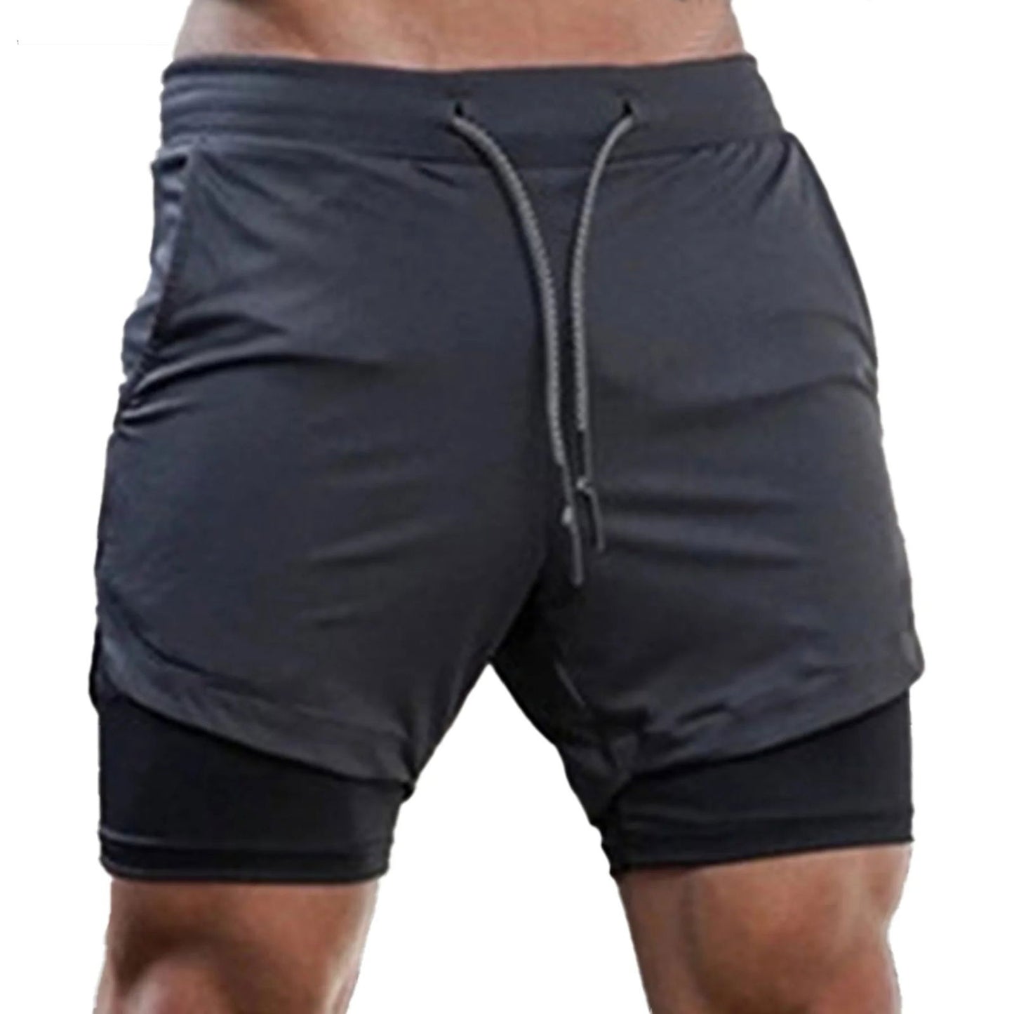 2 in 1 Mens Running Shorts with Liner, Tower Holder, 4 Pockets, Actvewear 2 Layers Sport Short for Workout Gym - Slobuy