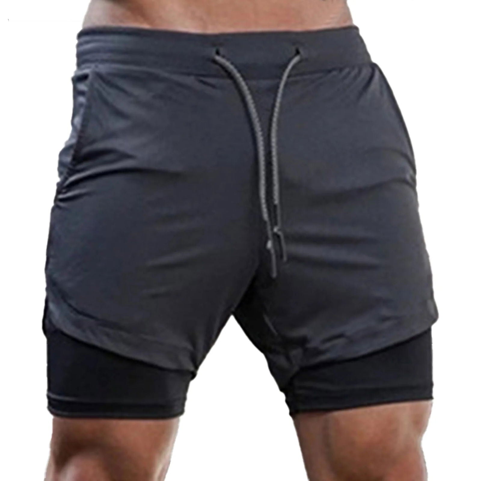 2 in 1 Mens Running Shorts with Liner, Tower Holder, 4 Pockets, Actvewear 2 Layers Sport Short for Workout Gym - Slobuy