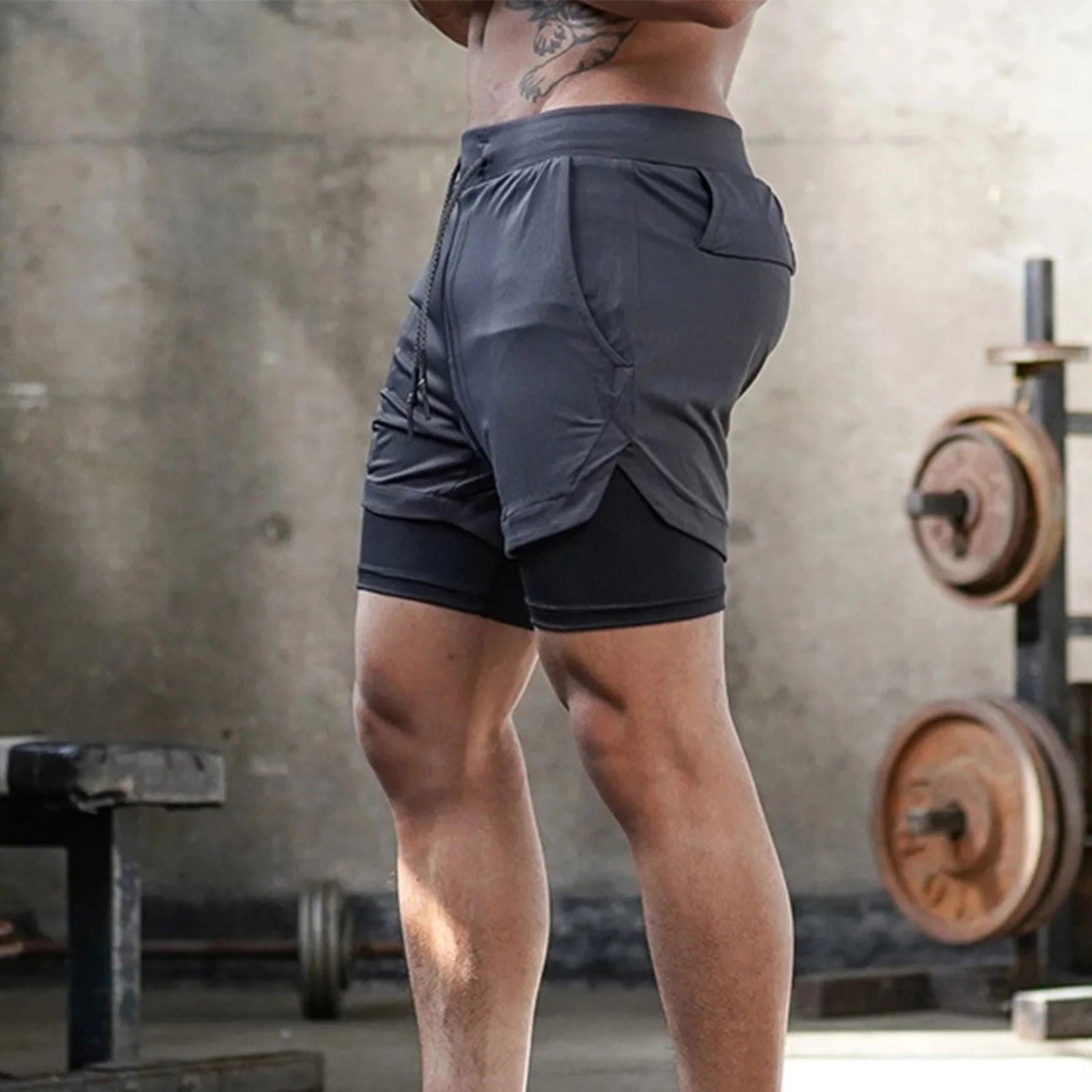 2 in 1 Mens Running Shorts with Liner, Tower Holder, 4 Pockets, Actvewear 2 Layers Sport Short for Workout Gym - Slobuy