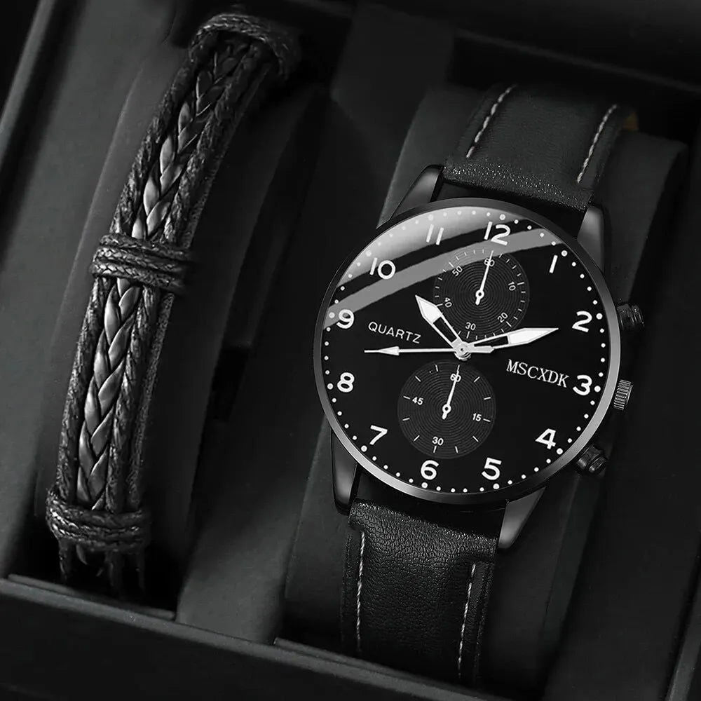 2pcs Black Round Quartz Watch With Leather Bracelet Men Business Watch Fashion Casual For Daily Sports - Slobuy