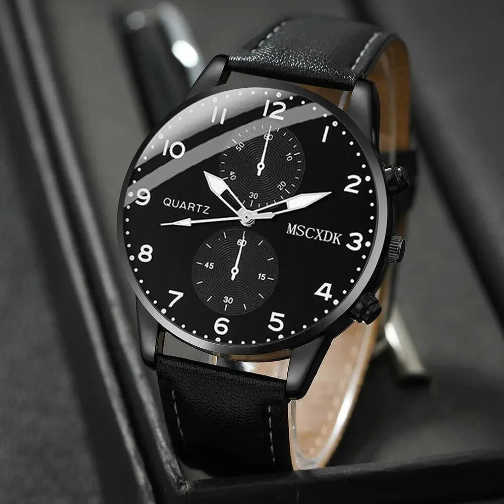 2pcs Black Round Quartz Watch With Leather Bracelet Men Business Watch Fashion Casual For Daily Sports - Slobuy