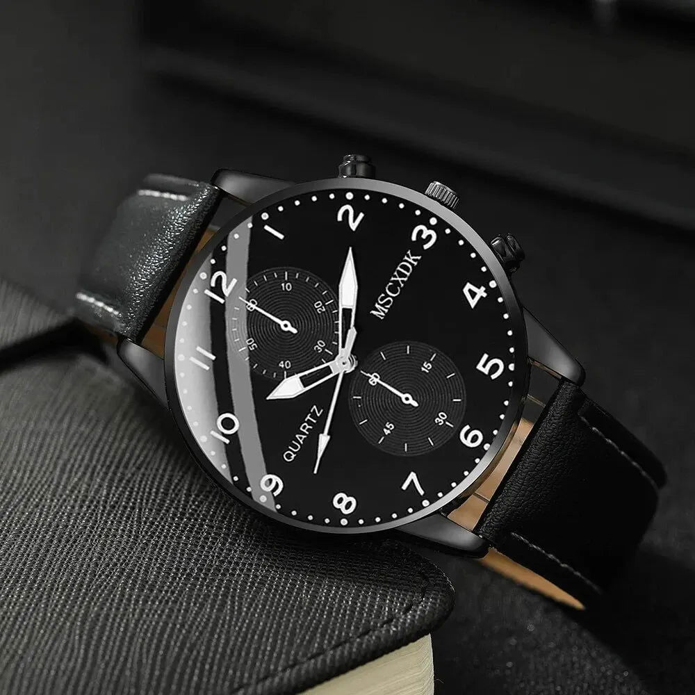 2pcs Black Round Quartz Watch With Leather Bracelet Men Business Watch Fashion Casual For Daily Sports - Slobuy