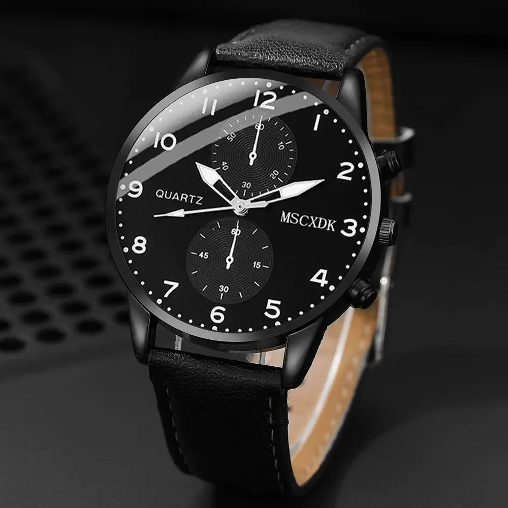 2pcs Black Round Quartz Watch With Leather Bracelet Men Business Watch Fashion Casual For Daily Sports - Slobuy