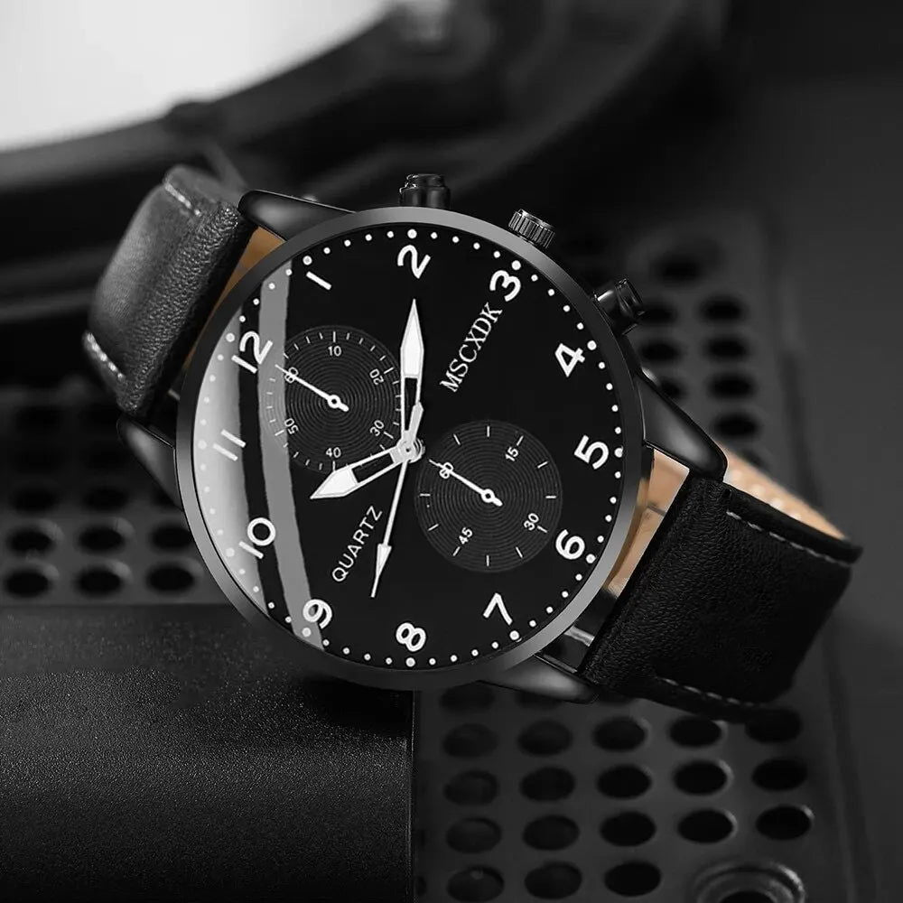 2pcs Black Round Quartz Watch With Leather Bracelet Men Business Watch Fashion Casual For Daily Sports - Slobuy