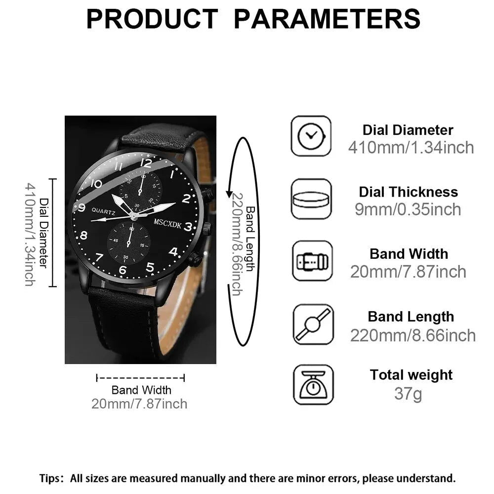 2pcs Black Round Quartz Watch With Leather Bracelet Men Business Watch Fashion Casual For Daily Sports - Slobuy