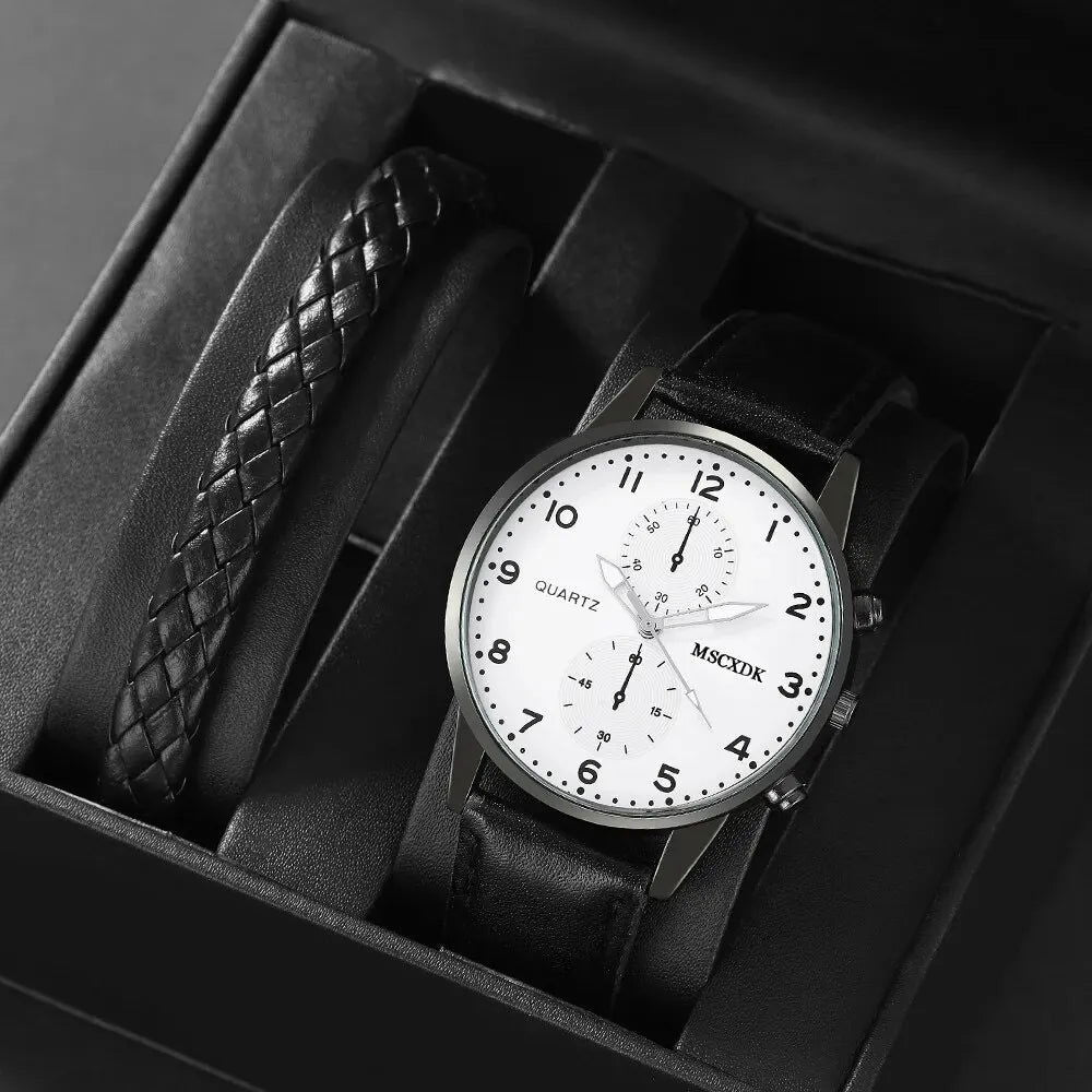 2pcs Black Round Quartz Watch With Leather Bracelet Men Business Watch Fashion Casual For Daily Sports - Slobuy