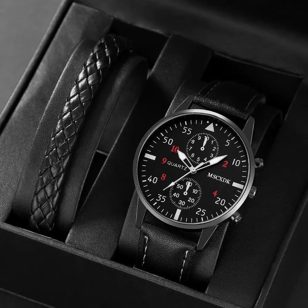 2pcs Black Round Quartz Watch With Leather Bracelet Men Business Watch Fashion Casual For Daily Sports - Slobuy