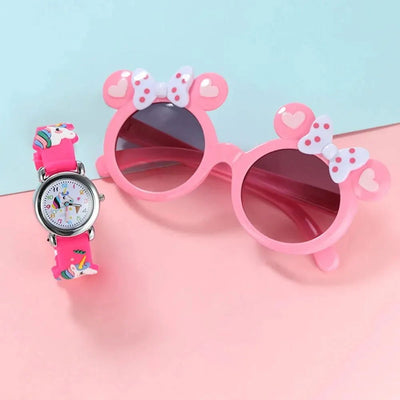 2pcs Girls Kids Unicorn Quartz Silicone Watch Quartz Watch Sunglasses Bow Cartoon Cute Girls Sun Protection Sunglasses Watch Set - Slobuy