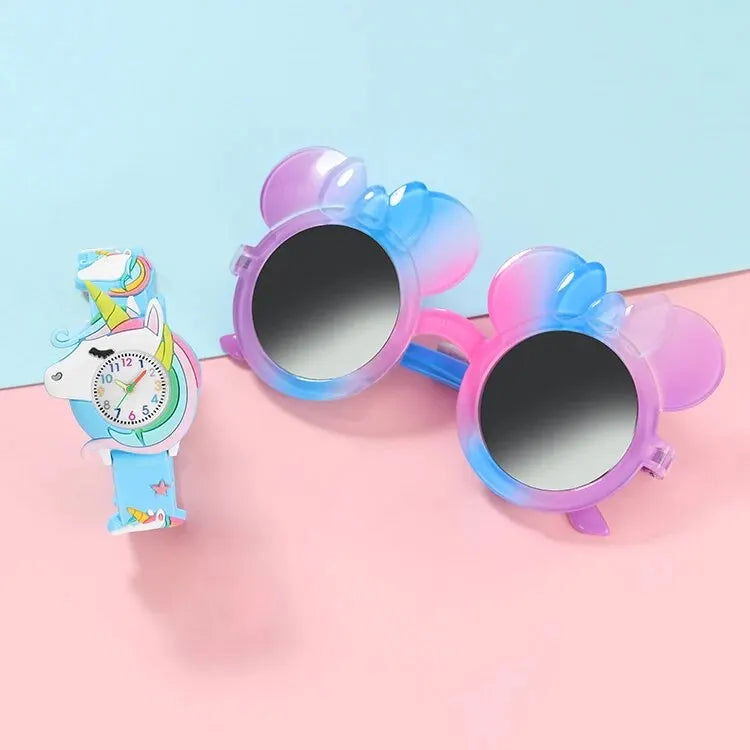 2pcs Girls Kids Unicorn Quartz Silicone Watch Quartz Watch Sunglasses Bow Cartoon Cute Girls Sun Protection Sunglasses Watch Set - Slobuy