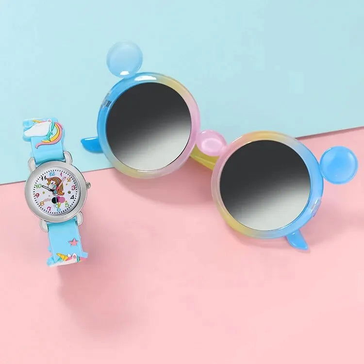 2pcs Girls Kids Unicorn Quartz Silicone Watch Quartz Watch Sunglasses Bow Cartoon Cute Girls Sun Protection Sunglasses Watch Set - Slobuy