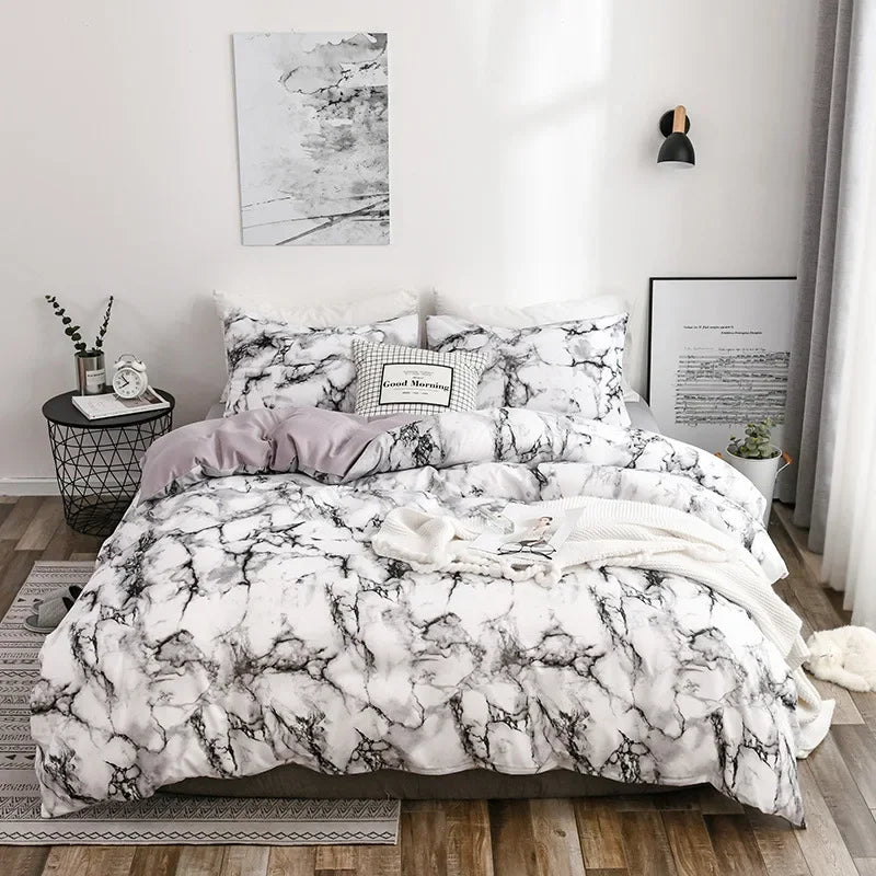 Mirco Fiber Marble Print Bedding Set Nordic Duvet Cover Set Double Bed Home Soft Comfortable Quilt Cover & 1/2pcs Pillowcases - Slobuy