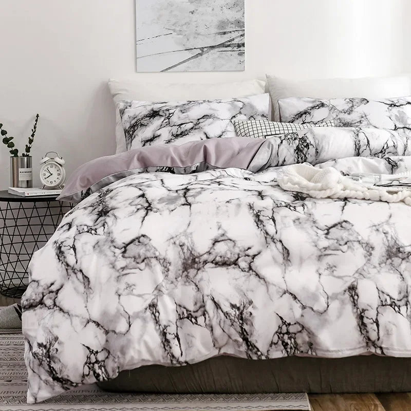 Mirco Fiber Marble Print Bedding Set Nordic Duvet Cover Set Double Bed Home Soft Comfortable Quilt Cover & 1/2pcs Pillowcases - Slobuy