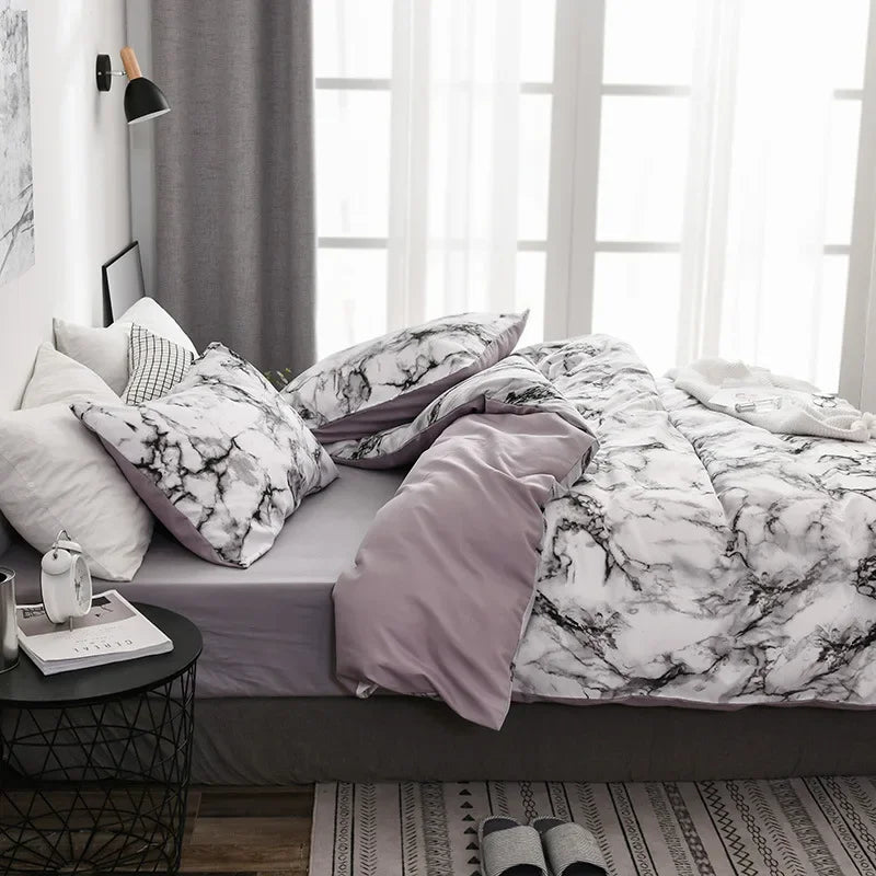 Mirco Fiber Marble Print Bedding Set Nordic Duvet Cover Set Double Bed Home Soft Comfortable Quilt Cover & 1/2pcs Pillowcases - Slobuy