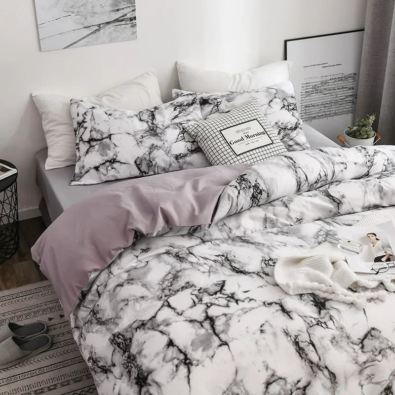 Mirco Fiber Marble Print Bedding Set Nordic Duvet Cover Set Double Bed Home Soft Comfortable Quilt Cover & 1/2pcs Pillowcases - Slobuy