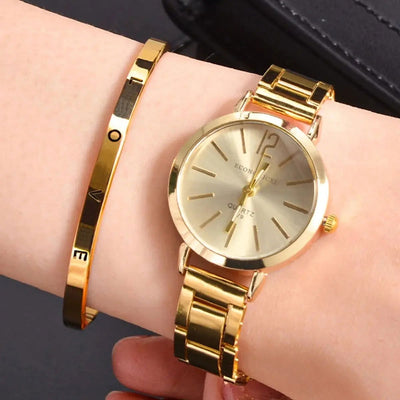 2pcs Set Watch Luxury Women Simple Dial Hollow Strap Fashion Gold Bracelet Quartz Wristwatch Student Ladies Watches Reloj Mujer - Slobuy