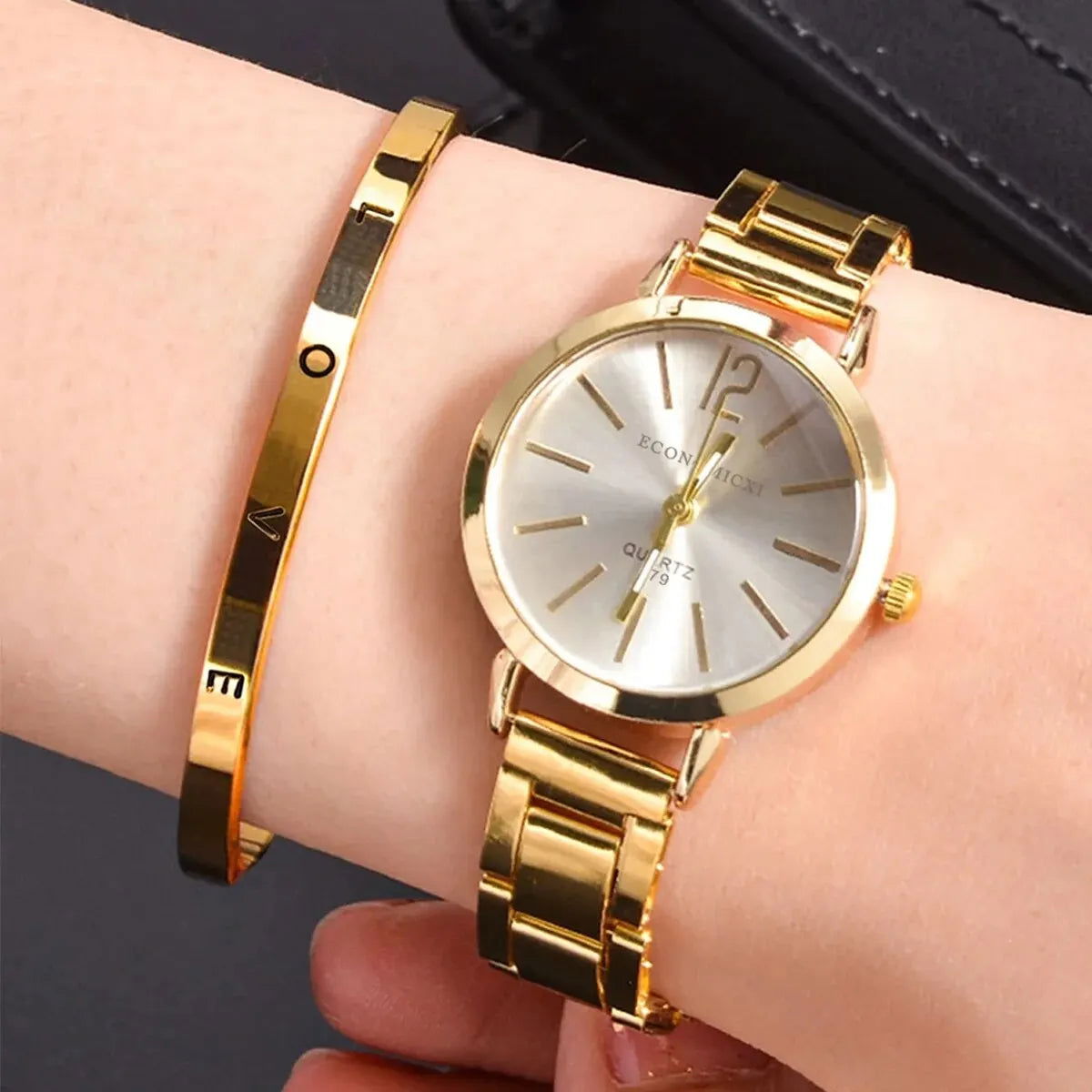 2pcs Set Watch Luxury Women Simple Dial Hollow Strap Fashion Gold Bracelet Quartz Wristwatch Student Ladies Watches Reloj Mujer - Slobuy