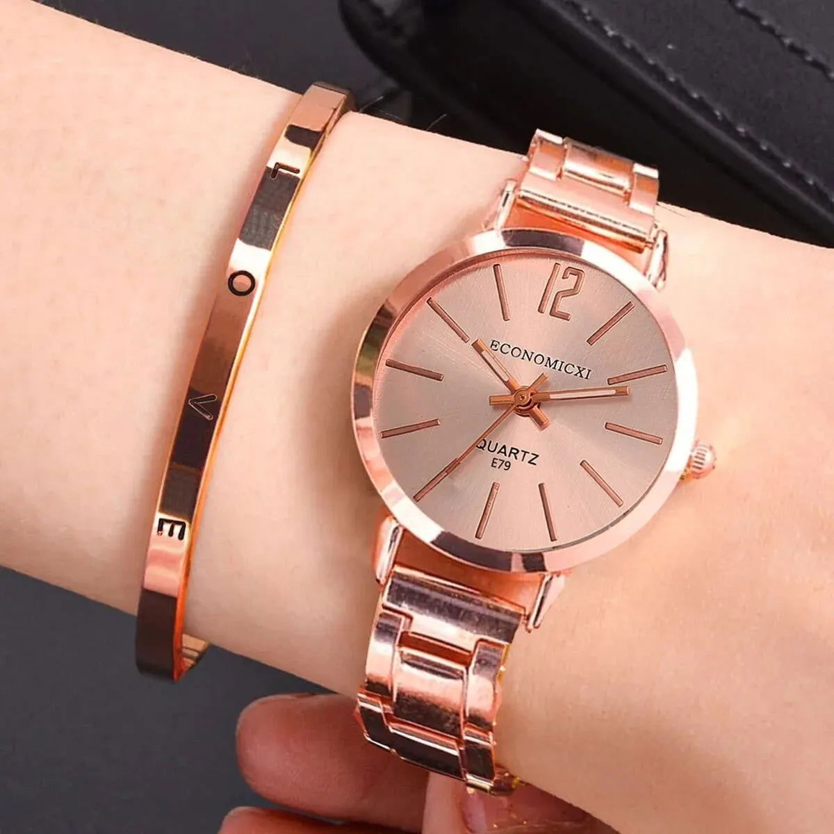 2pcs Set Watch Luxury Women Simple Dial Hollow Strap Fashion Gold Bracelet Quartz Wristwatch Student Ladies Watches Reloj Mujer - Slobuy