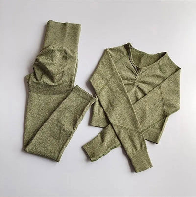 2pcs Women Seamless Yoga Set Sport Suit Gymwear Workout Clothes Long Sleeve Gym Crop Top High Waist Leggings Fitness Sports Wear - Slobuy