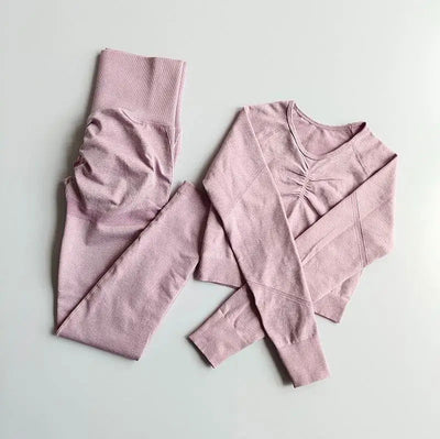 2pcs Women Seamless Yoga Set Sport Suit Gymwear Workout Clothes Long Sleeve Gym Crop Top High Waist Leggings Fitness Sports Wear - Slobuy