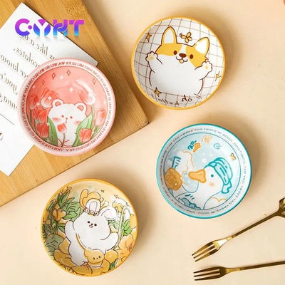 3.5 Inch Japanese Style Ceramic Dessert Sauce Dish Tableware Creative Cute Cartoon Pet Pattern Circular Shape Fruit Sushi Plates - Slobuy