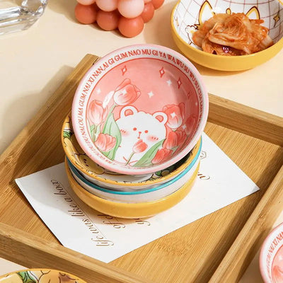 3.5 Inch Japanese Style Ceramic Dessert Sauce Dish Tableware Creative Cute Cartoon Pet Pattern Circular Shape Fruit Sushi Plates - Slobuy