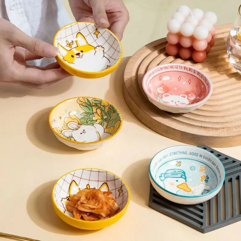 3.5 Inch Japanese Style Ceramic Dessert Sauce Dish Tableware Creative Cute Cartoon Pet Pattern Circular Shape Fruit Sushi Plates - Slobuy