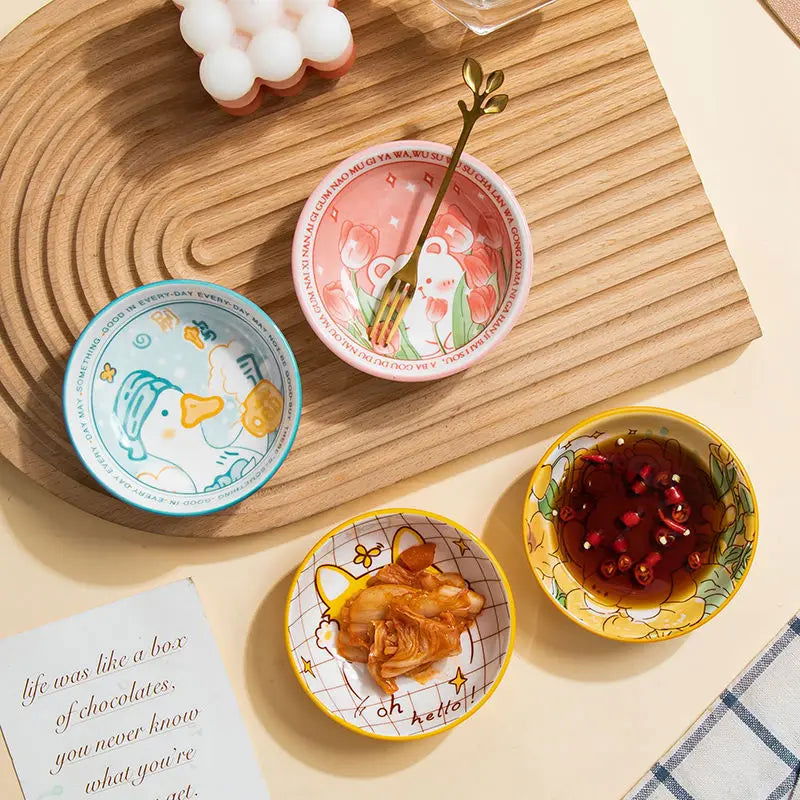3.5 Inch Japanese Style Ceramic Dessert Sauce Dish Tableware Creative Cute Cartoon Pet Pattern Circular Shape Fruit Sushi Plates - Slobuy