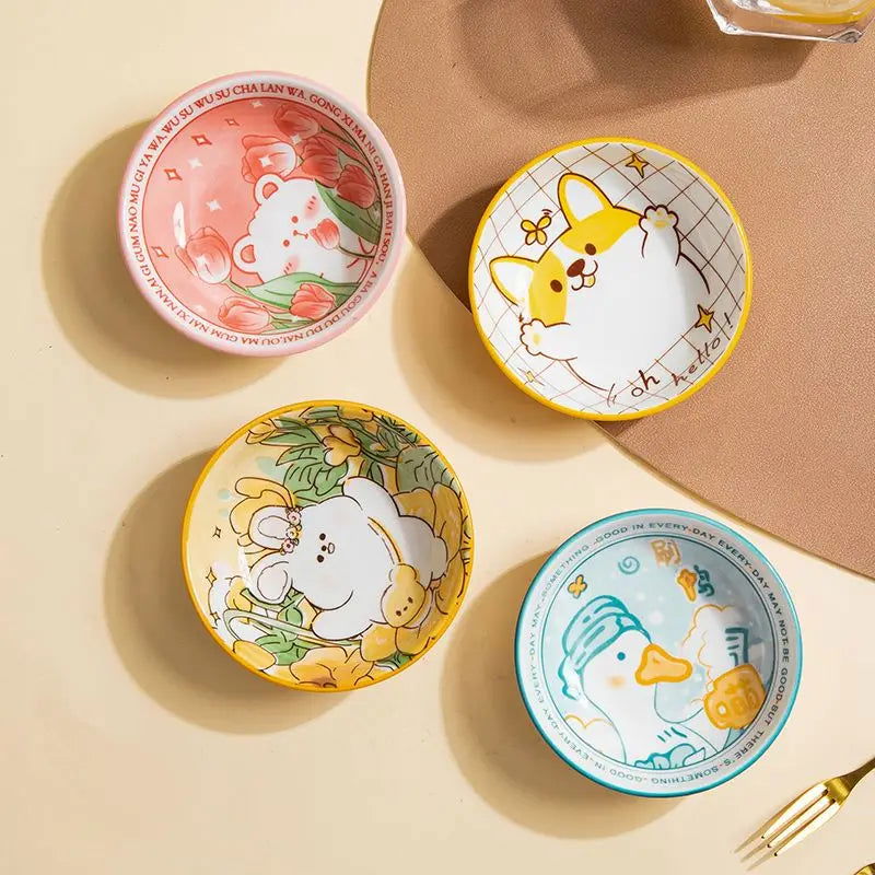 3.5 Inch Japanese Style Ceramic Dessert Sauce Dish Tableware Creative Cute Cartoon Pet Pattern Circular Shape Fruit Sushi Plates - Slobuy
