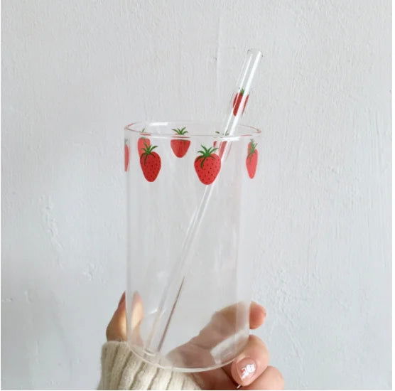 300ml Strawberry Cute Glass Cup With Straw Creative Transparent Water Cup Student Milk Heat Resistant Glass Nana - Slobuy