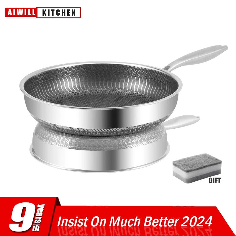 AIWILL Kitchen Quality 316 /304 Stainless Steel Frying Pan Nonstick Pan Cooking Fried Steak Pot Electromagnetic Furnace General - Slobuy