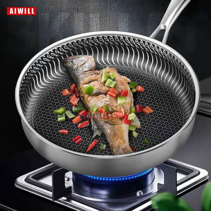 AIWILL Kitchen Quality 316 /304 Stainless Steel Frying Pan Nonstick Pan Cooking Fried Steak Pot Electromagnetic Furnace General - Slobuy