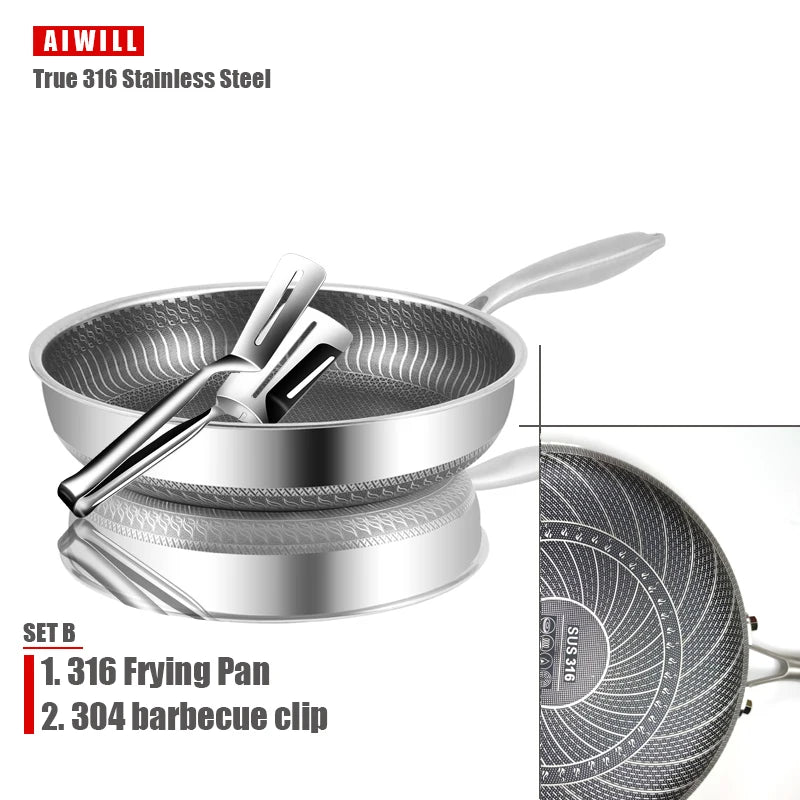 AIWILL Kitchen Quality 316 /304 Stainless Steel Frying Pan Nonstick Pan Cooking Fried Steak Pot Electromagnetic Furnace General - Slobuy