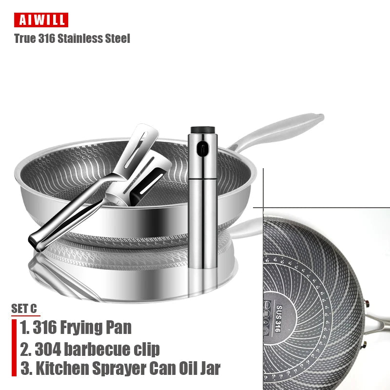 AIWILL Kitchen Quality 316 /304 Stainless Steel Frying Pan Nonstick Pan Cooking Fried Steak Pot Electromagnetic Furnace General - Slobuy