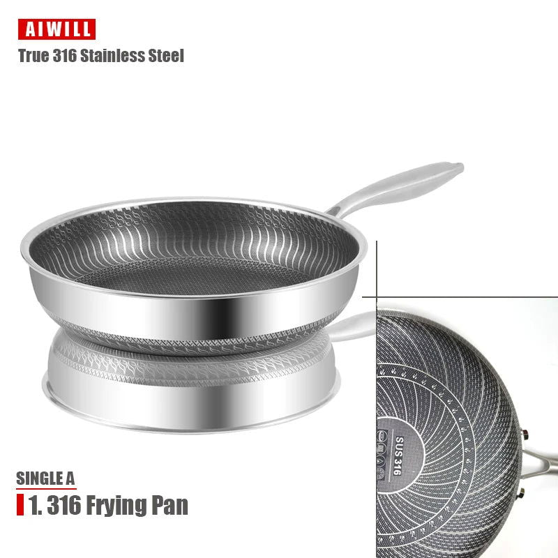 AIWILL Kitchen Quality 316 /304 Stainless Steel Frying Pan Nonstick Pan Cooking Fried Steak Pot Electromagnetic Furnace General - Slobuy