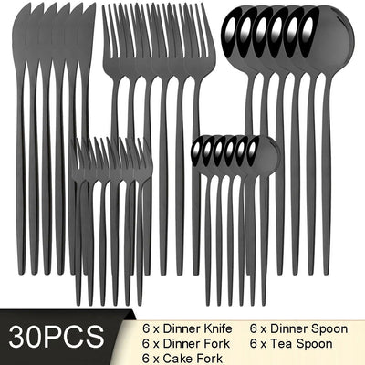 30Pcs Black Dinnerware Set Knife Cake Fork Spoon Cutlery Set Stainless Steel Tableware Kitchen Flatware Silverware Drop Shipping - Slobuy